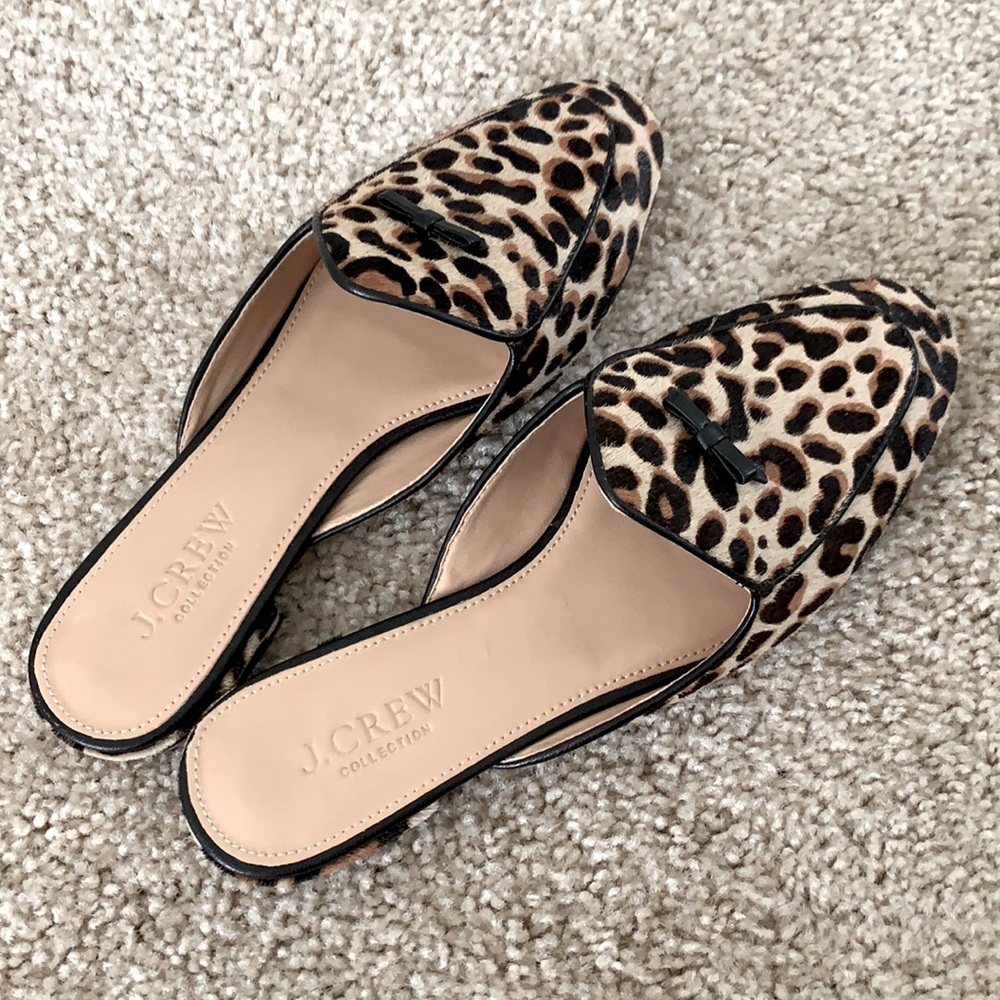 JCrew Piped Loafer Mules Leopard Calf Hair